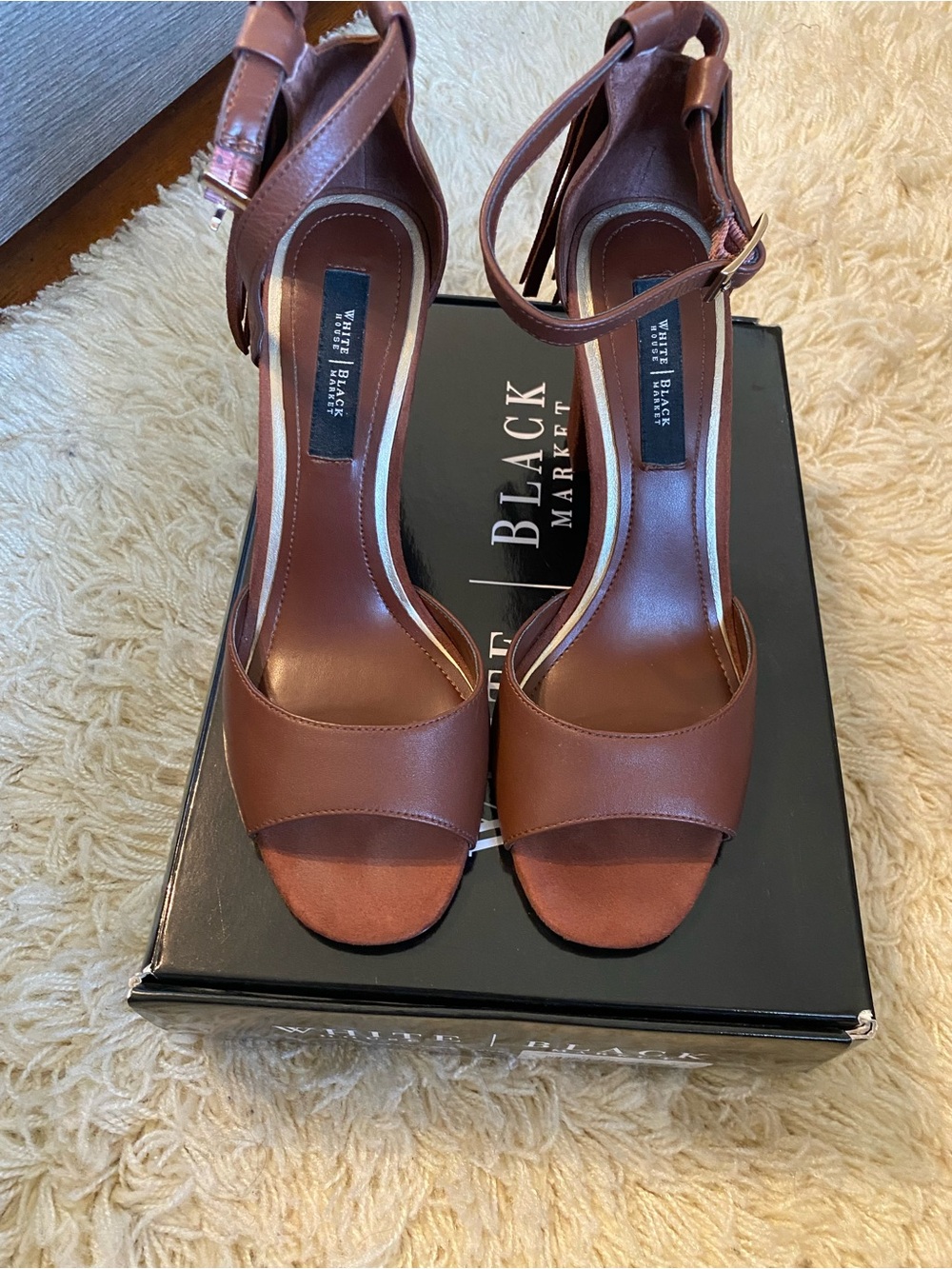 White House Black Market Brown Leather Ankle-Strap Heels